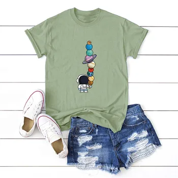 Plius Dydis Marškinėliai Moterims Mielas Planetų Astronautas Atspausdintas T-Shirt O Kaklo Trumpomis Rankovėmis Tees Medvilnės Marškinėliai Vasaros Moterims Topai