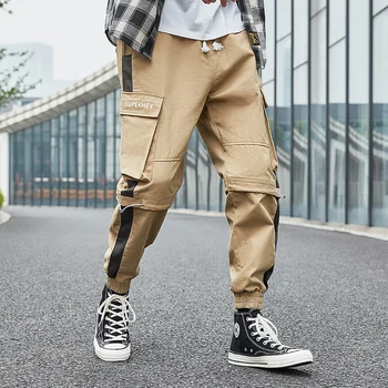 2020 Vyrų Streetwear Mens Medvilnės Juostelės Kelnes Vyrų Vasaros Atsitiktinis Visas Ilgis Kelnės Vyras Hip-Hop Baggy Kelnės