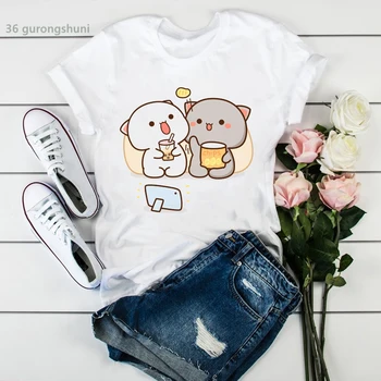 Naujai moterys t-shirt juokingas animacinių filmų mielas persikų katė print t shirt femme Harajuku kawaii vasaros viršūnes tee marškinėliai femme tumblr drabužiai
