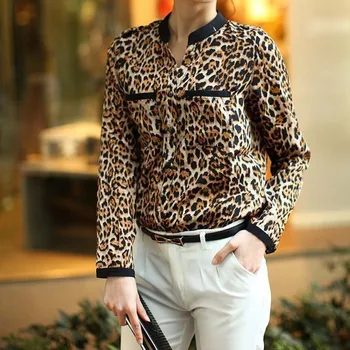 Naujas Moterų Leopardas Spausdinti Ilgos Šifono Rankovės Marškinėliai Slim Atsitiktinis Palaidinės, moterų topai ir palaidinės blusas 2020 Naujas Рубашка женщины