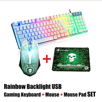 LED Rainbow Backlight, USB, Ergonomiškas Laidinio Žaidimų Klaviatūra + 2400DPI Pele + Mouse Pad Rinkinys, Rinkinys, skirtas 