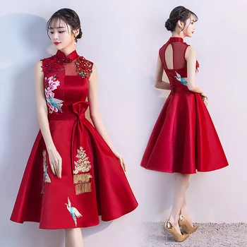 Bordo Moterų Vestuvės Dress Gėlių Vakarą Cheongsam Kinų Stiliaus Elegantiška Prom Qipao Ilga Suknelė Retro Vestido XS-XXL