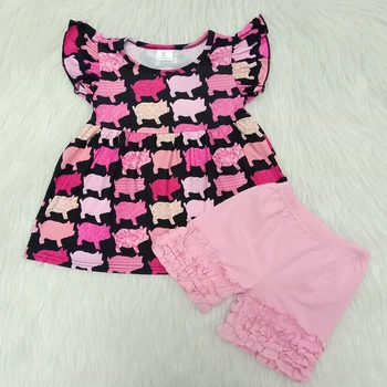 Mados stilius vaikų vasaros drabužių mergaitė spalvinga kiaulių modelis viršų ir vientisos rausvos spalvos šortai nustatyti mergaitė gyvūnų apranga