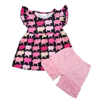 Mados stilius vaikų vasaros drabužių mergaitė spalvinga kiaulių modelis viršų ir vientisos rausvos spalvos šortai nustatyti mergaitė gyvūnų apranga