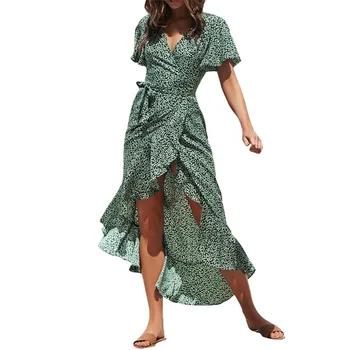 Rudenį Paplūdimio Maxi Suknelė Moterims Gėlių Spausdinti Boho Ilgą Šifono Suknelę Pynimas Wrap Atsitiktinis V-Kaklo Padalinta Šalis Suknelė Skraiste Femme #15