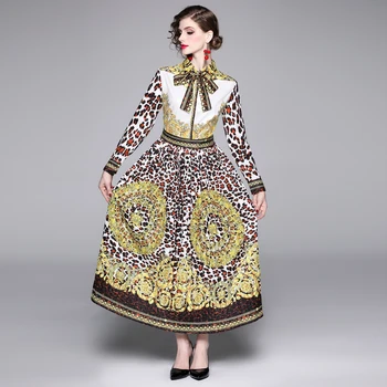 Dizainerių suknelės kilimo ir tūpimo tako aukštos kokybės rudenį atsitiktinis Naujas Leopard Print Long Sleeve Plisuotos Ilga Suknelė mados lankas Derliaus moterų dr