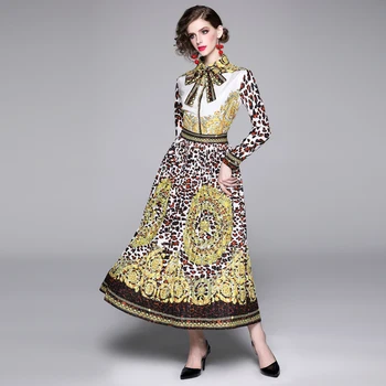 Dizainerių suknelės kilimo ir tūpimo tako aukštos kokybės rudenį atsitiktinis Naujas Leopard Print Long Sleeve Plisuotos Ilga Suknelė mados lankas Derliaus moterų dr