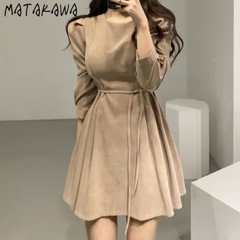 MATAKAWA Lieknėjimo Diržas Juosmens Sluoksniuotos Rankovėmis Virš Kelio, Mini Suknelės Korėja Prašmatnus Rudenį 2020 Minimalistinio Slim Moterų Suknelė