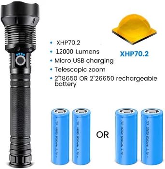 12000 liumenų Lempa xhp70.2 Zoomable USB Įkraunamas Žibintuvėlis Naudoja 18650 arba 26650 baterija 3 Režimai Prožektorius, Lauko ar Namų