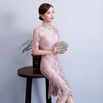 Stilingas Ponios Cheongsam 2018 M. Vasaros Kinų stiliaus, Kelio Ilgio Suknelė Moterų Mandarinų Apykaklės Qipao Slim Šalis Suknelės Vestido