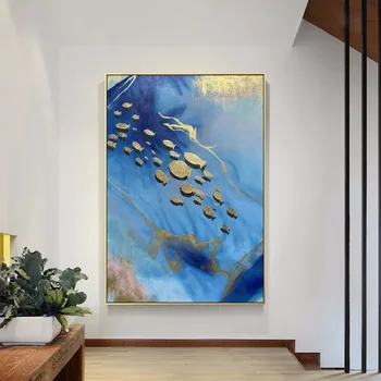 Mėlyna Jūra Aukso Žuvys Abstrakčiai Naftos Tapyba ant Drobės Akrilo Sienos Meno Tapybos, skirtą Kambarį Namuose Caudros Decoracion