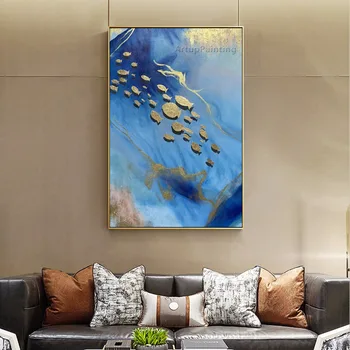 Mėlyna Jūra Aukso Žuvys Abstrakčiai Naftos Tapyba ant Drobės Akrilo Sienos Meno Tapybos, skirtą Kambarį Namuose Caudros Decoracion