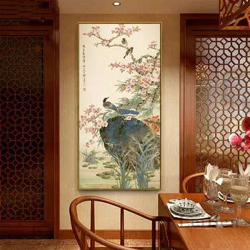 Kinų Klasikinio Stiliaus Gėlių ir Paukščių Tapybos Paukščių Čiulbėjimo ant Slyvų Žiedų Meno Grožio Nuotrauka Drobė Plakatai Namų Dekoro