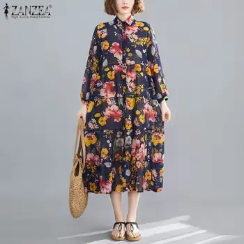 Mados Atspausdinta Marškinėliai Suknelė Moterų Vasaros Sundress ZANZEA 2021 Atsitiktinis ilgomis Rankovėmis Midi Vestidos Moterų Chiffion Skraiste, Negabaritinių
