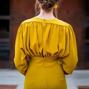 Rudenį Seksualus paaukštintu liemeniu V-Kaklo Apvalkalas Suknelė Geltona Puoštas Cherrykeke Vakare Šalis Suknelės