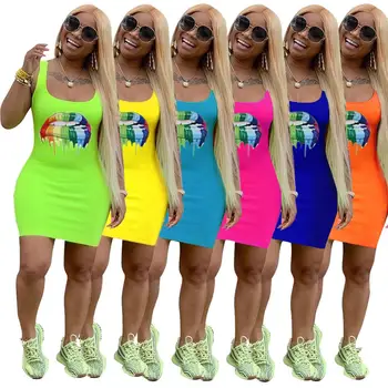 Nauja Vasaros Moteris Seksuali Suknelė Spalva Didelis Lūpų Spausdinti Berankovis Bakas Bodycon Midi Mini Suknelės Clubwear 6colors