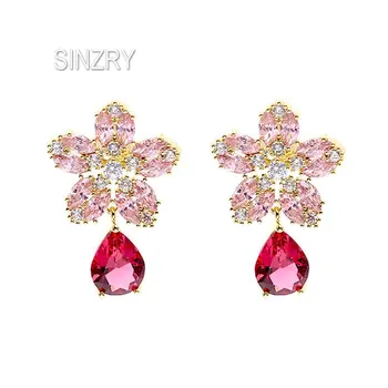 SINZRY naujas kubinis cirkonis elegantiška rožinės spalvos gėlių stud auskarai kūrybos sweety auskarai moterims Brincos Bijoux