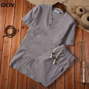 (Marškinėliai + šortai) rudenį Aukštos kokybės vyrų marškinėliai Medvilnės ir lino marškiniai trumpomis rankovėmis vyriški laisvalaikio mada marškinėliai vyrams, M-5XL