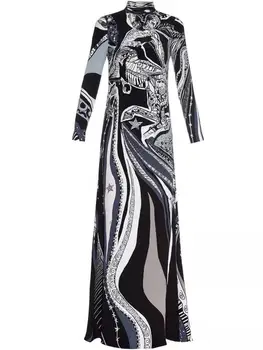 2016 metų pavasarį Prabangos prekių Ženklai Jersey Šilko Ilga Suknelė Moterų Vintage Blue Baroko Spausdinti Spandex Tampus Parašas Maxi Suknelė