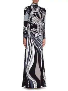 2016 metų pavasarį Prabangos prekių Ženklai Jersey Šilko Ilga Suknelė Moterų Vintage Blue Baroko Spausdinti Spandex Tampus Parašas Maxi Suknelė