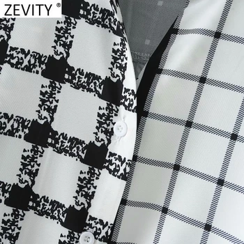 Zevity 2021 Moterų Derliaus Houndstooth Pledas Kratinys Spausdinti Smock Palaidinė Office Lady Stovėti Apykaklės Marškiniai, Elegantiškos Blusas Viršūnes LS7640