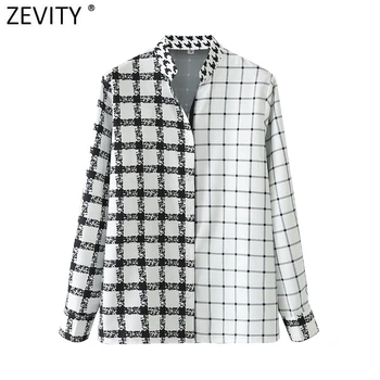 Zevity 2021 Moterų Derliaus Houndstooth Pledas Kratinys Spausdinti Smock Palaidinė Office Lady Stovėti Apykaklės Marškiniai, Elegantiškos Blusas Viršūnes LS7640
