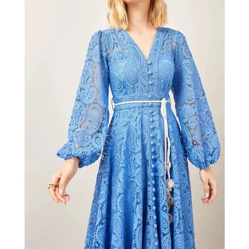 Kilimo ir tūpimo tako Vestidos Mėlynos spalvos Nėrinių Varčias Moters Suknelė su V-kaklo, Elegantiškas Ilgio Sluoksniuotos Rankovėmis Prabanga Mygtuką Suknelė Moterų Pavasario Drabužių Naujas