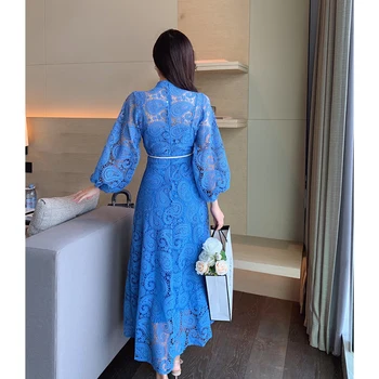 Kilimo ir tūpimo tako Vestidos Mėlynos spalvos Nėrinių Varčias Moters Suknelė su V-kaklo, Elegantiškas Ilgio Sluoksniuotos Rankovėmis Prabanga Mygtuką Suknelė Moterų Pavasario Drabužių Naujas