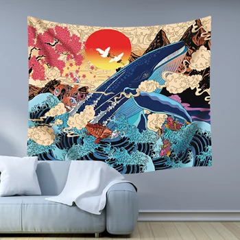 Japonijos antklodė didelis gobeleno jūra, saulė, saulės spindulių bangos banginis arowana sienos kabo audinio bohemijos lova boho namų dekoro gobelenas