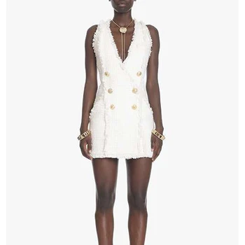AUKŠTOS KOKYBĖS kilimo ir tūpimo Tako 2020 M Stilingas Dizainerio Suknelė Moterų Berankovis V-kaklo Liūtas Mygtukai Kutas Tvido Bakas Suknelė