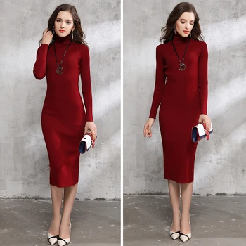 2020 m. Rudens Žiemos Moterų Megztinis Suknelė Golfo Megzti Seksualus Bodycon ilgomis rankovėmis office Ilga suknelė Šiltas maxi suknelė raudona pagrindinio
