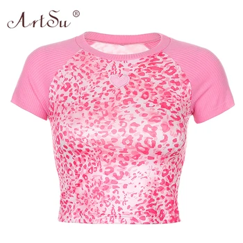 ArtSu Kratinys Leopard Pink Pasėlių Top Marškinėliai Mados Prakaito Mielas trumpomis Rankovėmis T-shirt Moterims, Atsitiktinis Vasaros Viršūnes Tees Streetwear