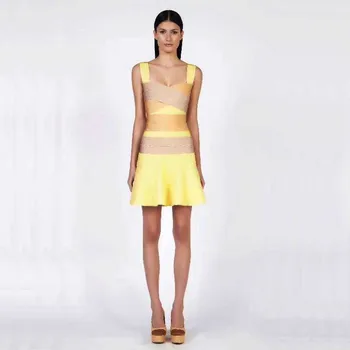 Didmeninė 2020 Naujas moters suknelė Geltona mišrios spalvos, Spageti Dirželis Mados celebrity Boutique kokteilis tvarstis suknelė