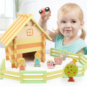 Kūdikis Tėvų-Vaikų Interaktyvūs Žaislai Vaikams, Mediniai Situacijos Žaislas Ūkio Gyvūnai Statyti Namą Modelis 