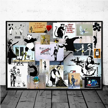 Abstrakti Banksy Grafiti Koliažas, Menas, Žinomų Paveikslų, Plakatų ir grafikos Paveikslai Tapyba Sienos Menas Nuotraukas Kambarį Dekoro