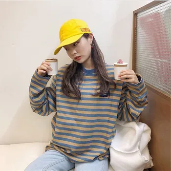 2019 korėjos Ulzzang O-Kaklo Dryžuotas marškinėliai Moterims Atsitiktinis ilgomis Rankovėmis Kawaii Plius Dydis Marškinėliai Moteriška Negabaritinių Vogue Viršūnes Tee