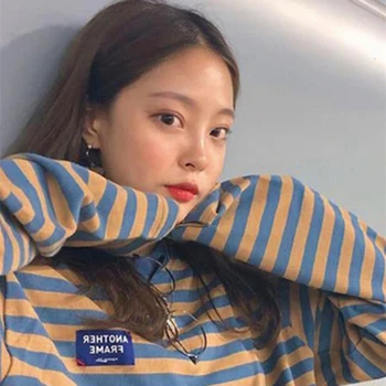 2019 korėjos Ulzzang O-Kaklo Dryžuotas marškinėliai Moterims Atsitiktinis ilgomis Rankovėmis Kawaii Plius Dydis Marškinėliai Moteriška Negabaritinių Vogue Viršūnes Tee