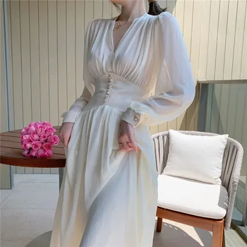 Prancūzų Pasakos Baltos Spalvos Elegantiškas Šifono Perlai Vasaros Atsitiktinis Suknelė Moterims Sexy V Kaklo Korėjos Stiliaus Moteris Panele Ilgai Šalies Klubas Suknelė