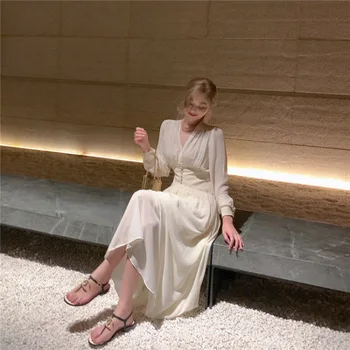 Prancūzų Pasakos Baltos Spalvos Elegantiškas Šifono Perlai Vasaros Atsitiktinis Suknelė Moterims Sexy V Kaklo Korėjos Stiliaus Moteris Panele Ilgai Šalies Klubas Suknelė