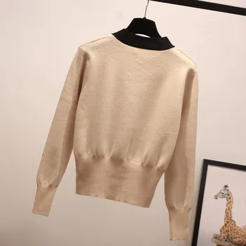 Moterų Megzti Megztinis Rudenį Naujų Slim vientisos Spalvos Plonas Outwear Mados Saldus ilgomis rankovėmis Megztinis Su Laivapriekio 2019