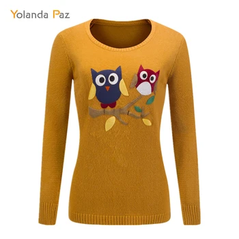 Yolanda Paz naujas 2019 m. rudenį, žiemą moterų animacinių filmų pelėda modelis ilgomis rankovėmis, o-kaklo megzti megztinis aukštos kokybės moterų megztinis