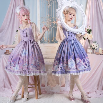 Vasaros japanese lolita dress bowknot mielas spausdinimo kawaii suknelė aukšto juosmens gothic lolita jsk rankovių viktorijos suknelė 2020 naujas