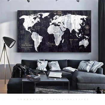 RELIABLI MENO Pasaulio Žemėlapis Juoda ir Balta Nuotraukas, Klasikinio Stiliaus Drobės Paveikslai Modernių Namų Sienų Apdailai Plakatai Frameless