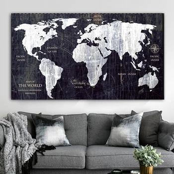 RELIABLI MENO Pasaulio Žemėlapis Juoda ir Balta Nuotraukas, Klasikinio Stiliaus Drobės Paveikslai Modernių Namų Sienų Apdailai Plakatai Frameless