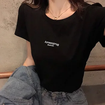 Mados grafinis tees Moterų Paprastos raidės spausdinti marškinėliai 2020 metų vasaros Trumpas rankovės O-Kaklo atsitiktinis slim black topai marškinėliai moteriška