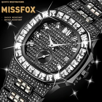 Juoda/Balta Mens Diamond Žiūrėti MISSFOX Karšto Pardavimo vyriški Chronograph Watches Riešo Vyrų Prabangos Prekės ženklo Vyrai Kvarciniai Laikrodžiai Dovanų