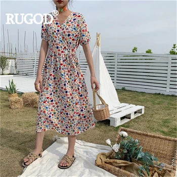 2020 metų vasaros suknelė moterims korėjos stiliaus v-kaklo gėlių spausdinti nėriniai-up maxi suknelės aukštos juosmens, plonas vestidos verano