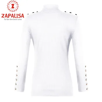 Zapalisa Elegantiškas Famale Slim Long Sleeve T Shirt Mygtuką Dekoro Golfo Mezgimo Pavasario Streetwear Puloveris Viršūnės