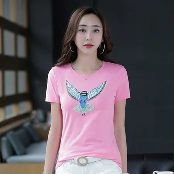 Vasarą naujų išsiuvinėti eagle modelis moterų trumparankoviai marškinėliai rankų darbo zawalcowany T-shirt Slim apvalios kaklo moteriški marškinėliai