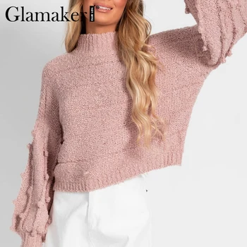 Glamaker Rožinė golfo žiemos sweatwer moterų žibintų rankovės atsitiktinis megztinis megztinis mados 2020 šiltas trumpas šviesą ponios megztinis
